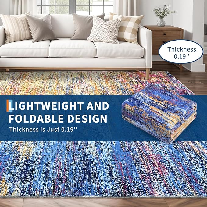 Washable Runner Rug 2x6 Modern Abstract Kitchen Rugs, Non Slip Bathroom Rug, Low Pile Laundry Room Soft Long Carpet for Hallway Bedroom Entryway, Blue/Orange