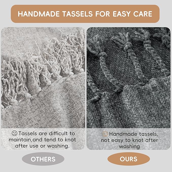 BATTILO HOME Dark Gray Throw Blanket for Couch Bed Sofa, Soft Cozy Grey Chenille Throw Blanket with Fringe Tassels, Lightweight Knit Throw Blanket for Home Decor, 50"x60"