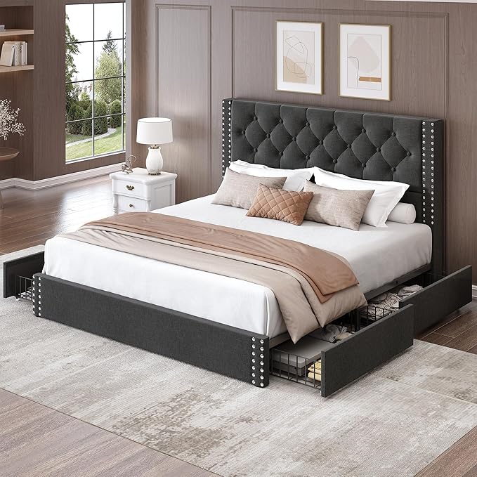 Full Size Bed Frame Upholstered Platform Bed with 4 Storage Drawers and Tufted Headboard Linen Bed Frame with Heavy Duty Wood Slats, No Box Spring Needed, Easy Assembly, Dark Grey