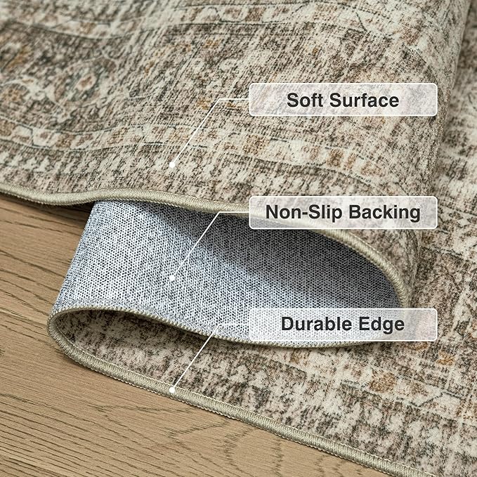 FMFUNCTEX 5x7 Washable Area Rug Neutral Vintage Taupe Non Slip Low Pile Traditional Indoor Carpet for Living Room Bedroom Soft Retro Floral Mat Throw Rug for Dining Office Kitchen Dorm Entryway