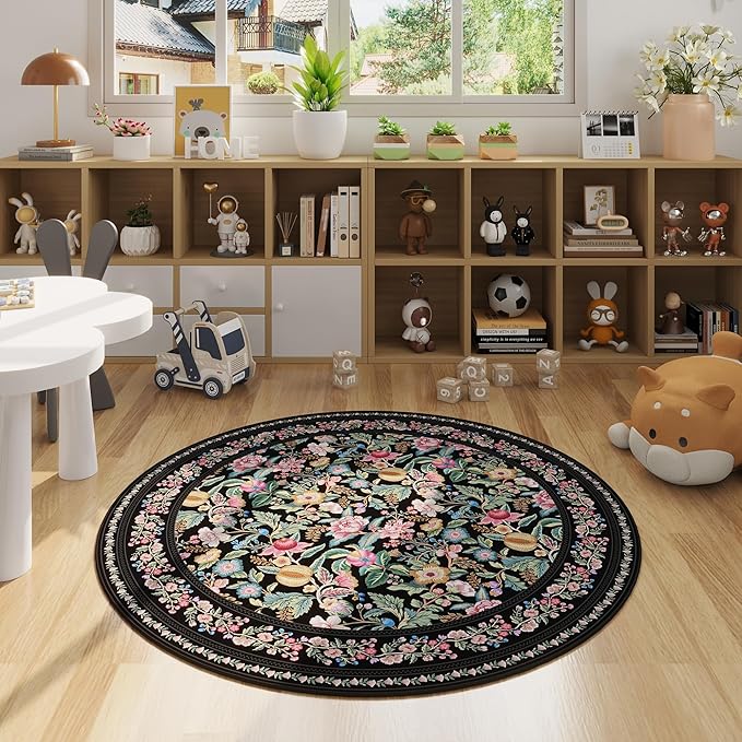Round Rug 4ft Washable Circle Rug Non Slip Low Pile Vintage Floral Small Circular Rug for Bedroom, Bathroom, Entryway, Kids Room, Office, Black