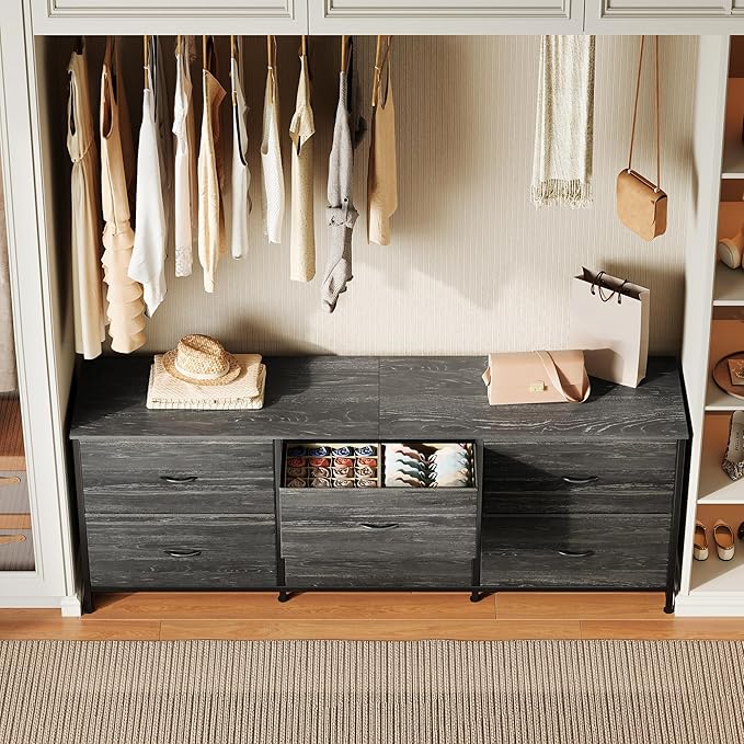 Huuger 63 Inch Long Dresser for Bedroom, TV Stand for 55, 65, 70 Inch TV, 6 Drawer Dresser for Closet with Fabric Drawers, Storage Organizer for Bedroom, Entryway, Charcoal Black Wood Grain Print