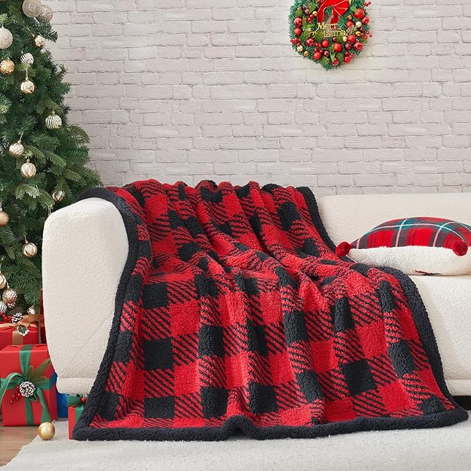 Cozy Bliss Ultra Soft Reversible Double Sherpa Sided Blanket, Buffalo Plaid Throw Blanket Fluffy Thick Warm Plush Fuzzy Blanket for Couch, Bed and Gifts (Red/Black Buffalo Check, 50" x 60")