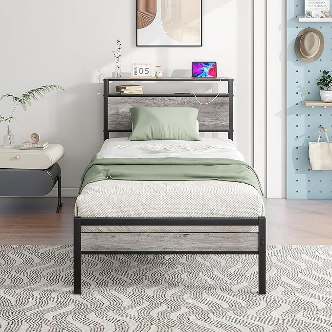 Twin Bed Frame with Storage Headboard and Charging Station, Twin Size, Heavy Duty Metal Slats, No Box Spring Needed, Dark Grey
