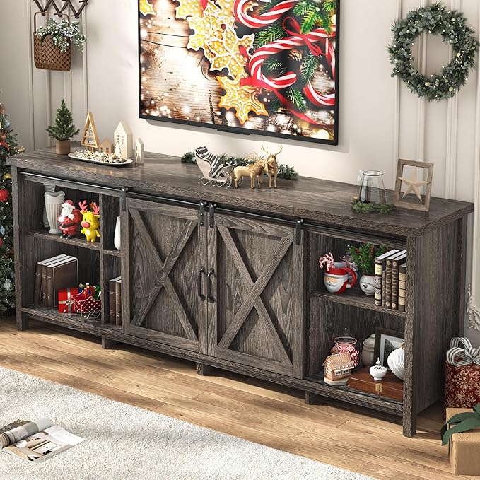 Farmhouse TV Stand for 80 Inch TV with Sliding Barn Door, Rustic Wood Entertainment Center Large Media Console Cabinet Long Television Stands,Console Table and Media Furniture for Living Room(Grey)