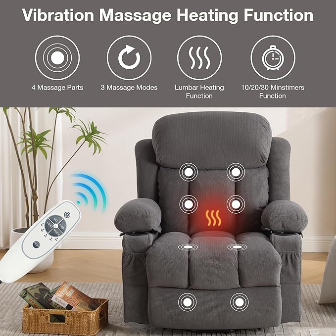 Power Lift Recliner Chair for Elderly with Vibration Massage and Lumbar Heating Electric Oversized Single Sofa with Cup Holder and USB Charge Port for Living Room