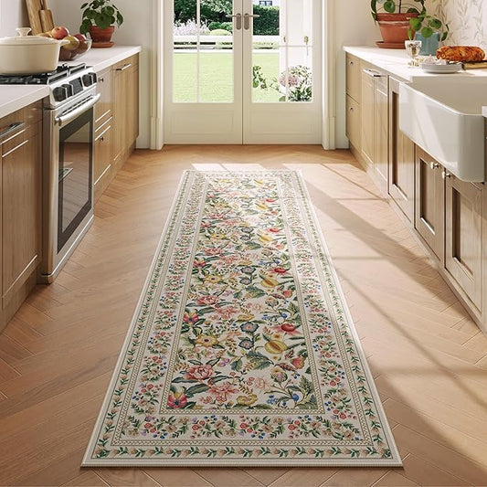 Runner Rug for Kitchen Rug Non Slip 2'x6' Washable Rugs with Rubber Backing Soft Vintage Floral Carpet Runner for Kitchen, Laundry, Bedroom, Bathroom, Beige