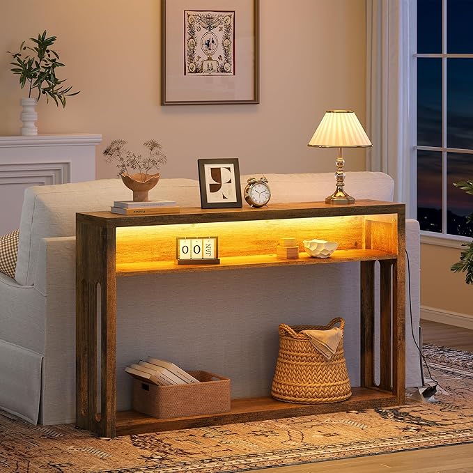 FAVOOSTY Farmhouse Console Table with Storage, 47" Entryway Console Table with Led Light, 2-Tier Entryway Table Sofa Table Behind Couch Table Hallway Stand for Living Room,Foyer,Entrance Brown