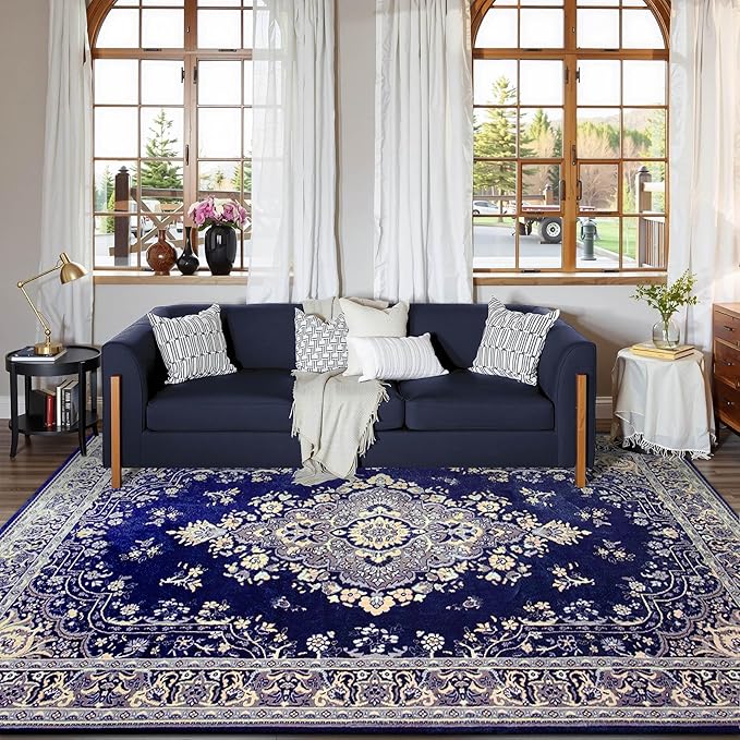 Living Room Rug 6x9 Rug, Machine Washable Area Rug Non Slip Low Pile Rug for Living Room, Bedroom, Farmhouse, Dining Room, Navy Blue