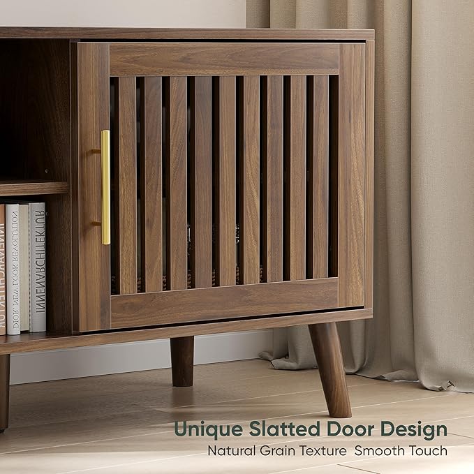 63" TV Stand, Mid-Century Modern Media Console with 2 Louvered Doors, Adjustable Shelves, Entertainment Center with Golden Handles for Living Room, Bedroom, Walnut