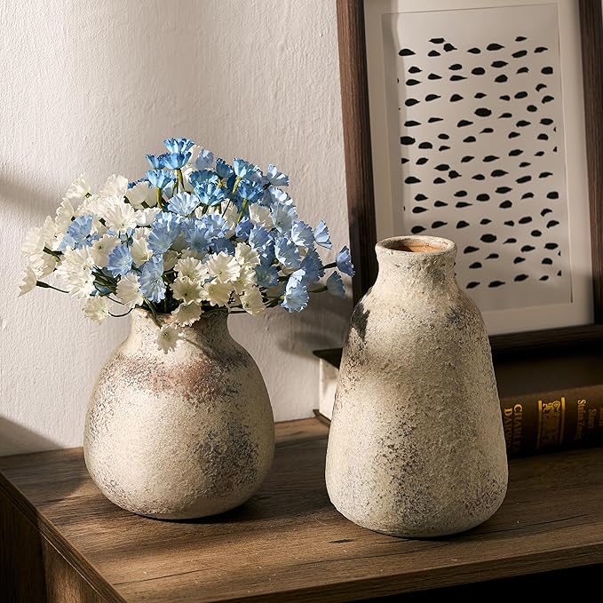 PORCER Ceramic Vase Set of 2 for Home Decor, Handcrafted Vintage Terracotta Vases, Rustic Farmhouse Decor, Minimalist Decorative Vase Set for Table Centerpiece Fireplace Nightstand Decoration - Brown