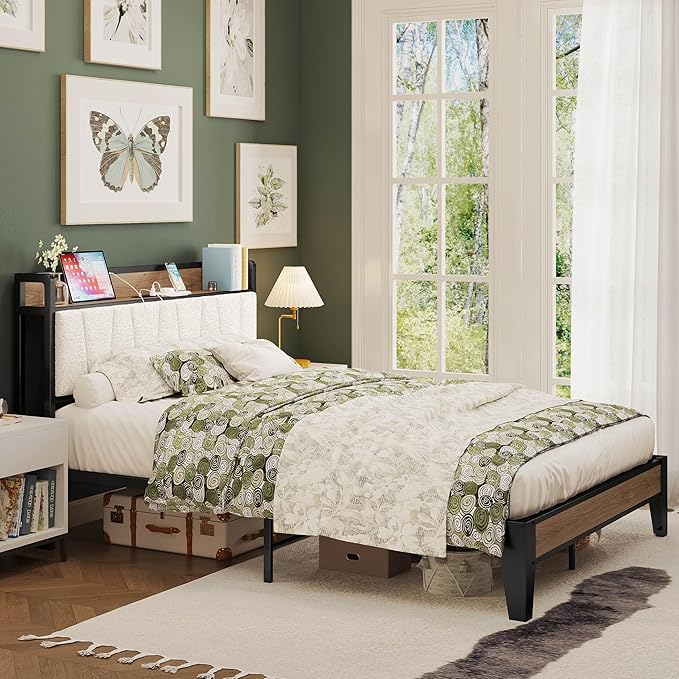 LIKIMIO Full Bed Frames, Storage Headboard with Charging Station, Solid and Stable, Noise Free, No Box Spring Needed, Easy Assembly, Wood and Cream