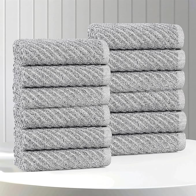 Superior Amelia Viscose Cotton Blend Medium Weight Small Towels, For Kitchen, Bathroom, Shower, Spa, Plush, Quick Dry, Ultra-Soft Essentials, Ribbed Design, Face Towels Washcloths, Set of 12, Charcoal