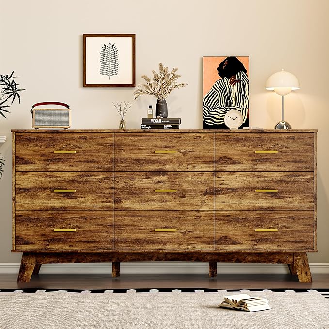 Dresser for Bedroom with 9-Drawer, 59" Wide Modern Chest of Drawers with Metal Handles, X-Shape Base & Adjustable Center Leg, Anti-Tip Closet Organizers and Storage