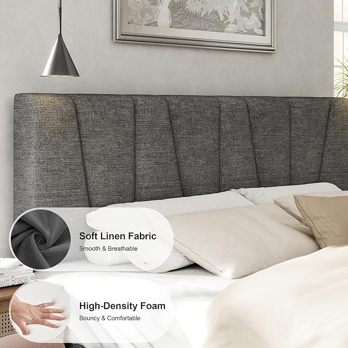 Queen Size Bed Frame with Fabric Upholstered Headboard, Platform Bed with Wooden Slats Support, Fully Mattress Foundation, Box Spring Optional, Easy Assembly