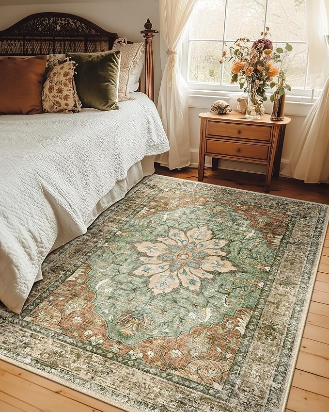 Area Rugs 5'x8' Washable Non-Slip, Floral Vintage Distress Print Pattern Medallion Carpet for Living Room Bedroom Dining Room, Brick Red Rust Neutral Brown Burnt Orange Green