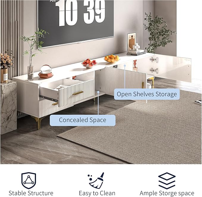 70" Fluted TV Stand for TVs Up to 80", Modern Entertainment Center with Storage, Media Console for Living Room Bedroom, TV Console（White）