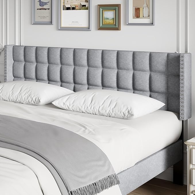 VECELO Headboard King Size, Linen Upholstered Headboards Only with Nailhead Trim Wingback, Square Stitched Design, Adjustable Height from 40" to 49.8", Light Grey