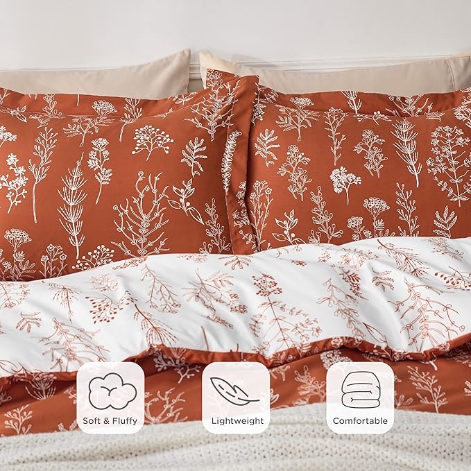 Bedsure Queen Comforter Set - Terracotta Bed Set, 3 Pieces Cute Floral Bedding, 1 Soft Reversible Botanical Flowers Comforter and 2 Pillow Shams