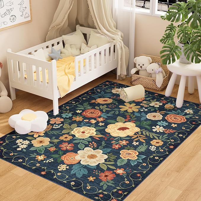 DUKINO 3x5 Area Rug, Floral Rugs for Living Room, Lightweight Non Slip Washable Rug, Indoor Low Pile & Non-Shedding Boho Design Rugs for Bedroom, Living Room, Dining Room, Dark Blue