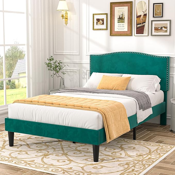 VECELO Twin Bed Frame Platform Bed Frame with Upholstered Headboard, Strong Frame and Wooden Slats Support, Strong Weight Capacity, Non-Slip and Noise-Free, Easy Assembly,Dark Green