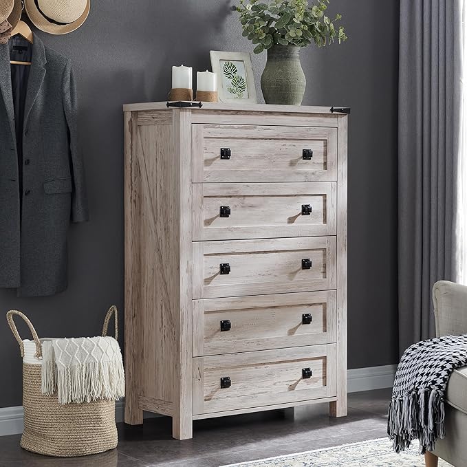 T4TREAM Farmhouse 5 Drawers Dresser Chests for Bedroom, Wood Rustic Tall Chset of Drawers,Dressers Organizer for Bedroom, Living Room,Hallway, Antique Brush White