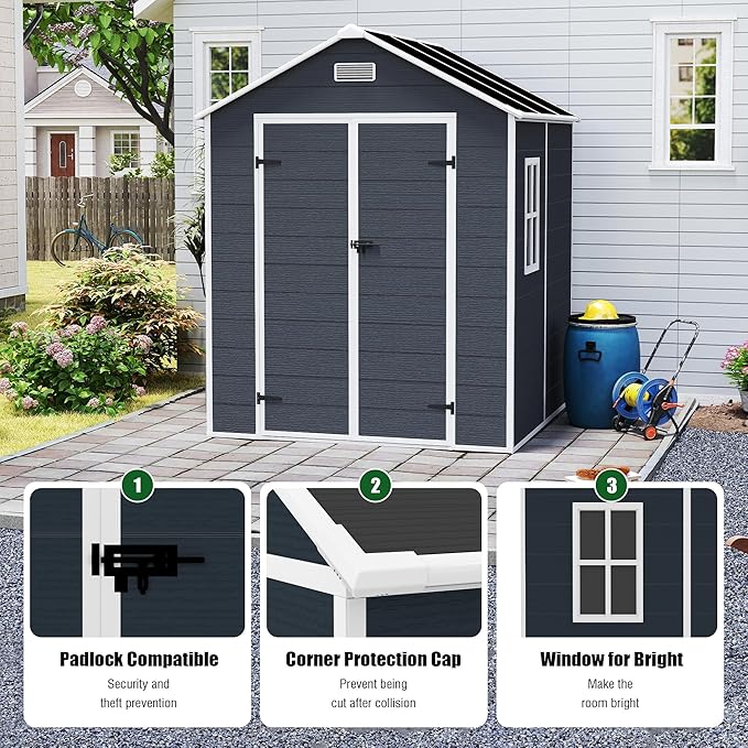 6x6 FT Outdoor Storage Resin Shed with Floor, Plastic Garden Tool Shed with Sloped Roof, Lockable Door & Windows, Easy to Assemble Bike Shed for Lawn, Backyard, Patio, Black