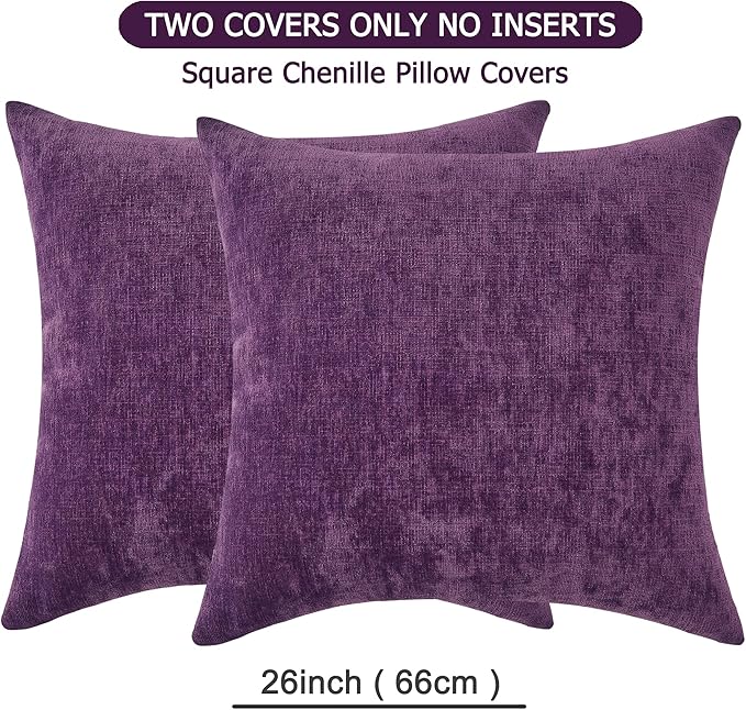 GAWAMAY Decorative Chenille Throw Pillow Covers 26x26 Inch Pack of 2, Soft Square Couch Pillow Cover for Sofa Cushion Living Room Bedroom Solid Dyed Oversized Pillowcases Purple 66x66cm (ONLY Covers)