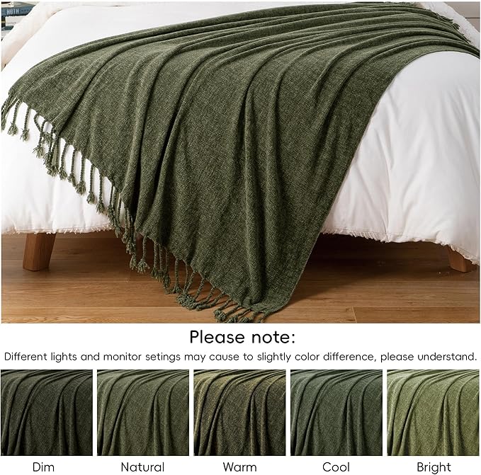 BATTILO HOME Olive Green Throw Blanket for Couch Bed Sofa, Soft Cozy Chenille Throw Blanket with Fringe Tassels, Lightweight Knit Throw Blanket for Home Decor, 50"x60"