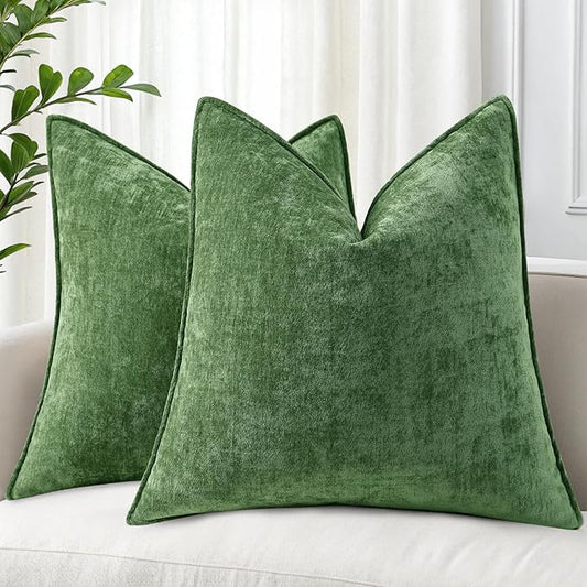 decorUhome Couch Throw Pillow Covers 18x18 Set of 2, Decorative Soft Euro Neutral Chenille Pillow Covers with Elegant Design for Sofa Bed Living Room Home Decor, Moss Green