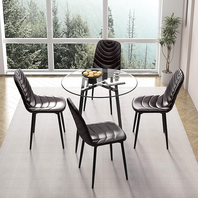 Modern 5-Piece Round Glass Dining Table Set with Faux Leather Chairs - Space-Saving Kitchen Furniture for Small Apartments (5-Piece(Brown))