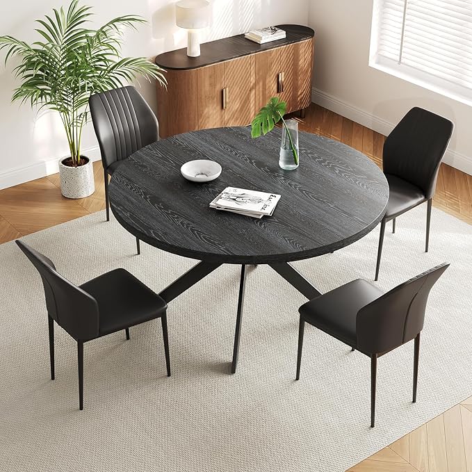 45.3" Round Dining Table Set for 4, Wooden Round Dining Table with Chairs for 4-6 Person, w/Metal Legs, Coffee Table for Kitchen Dining Room, Living Room, Office