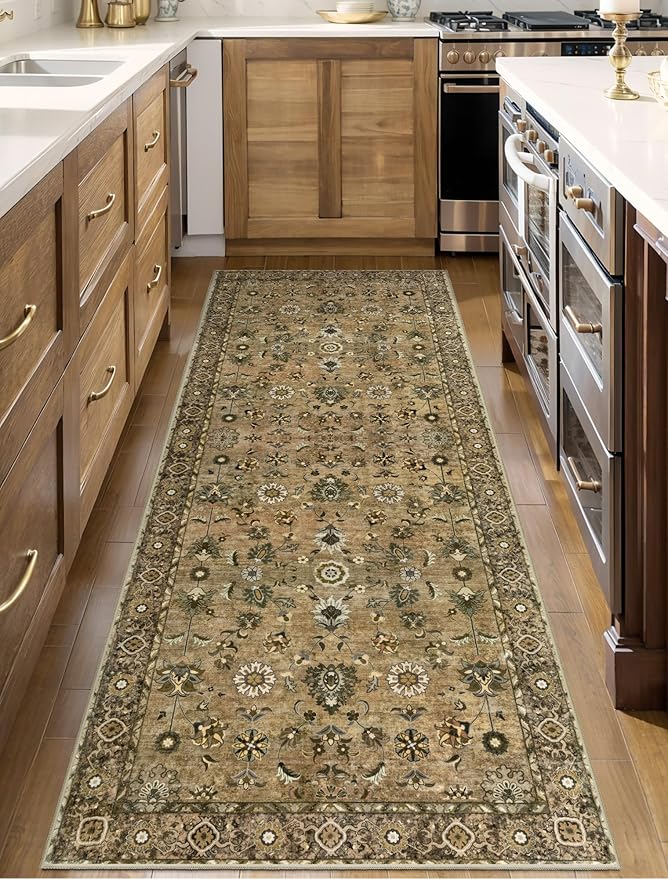 Floral Runner Rug 2x5 Washable for Hallway, Non-Slip Vintage Boho for Entryway Indoor, Brown Print Carpet Runner, Soft Low Pile Long Rug for Kitchen Bedroom