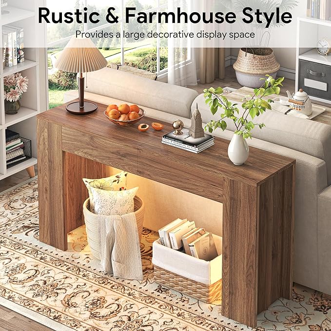 63-Inch Long Console Table with LED Light, Farmhouse Sofa Table Behind Couch, Wooden Console Table for Entryway, Hallway, Entrance, Living Room