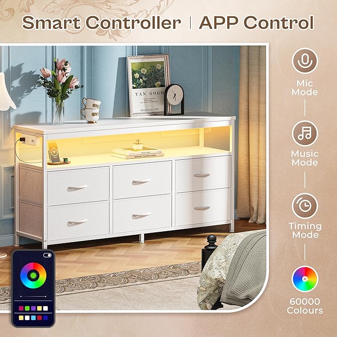 Huuger LED TV Stand for Bedroom, 47 Inch Dresser TV Stand for 43, 50, 55 Inch TV, White TV Stand with Storage, Entertainment Center with Power Outlets, 6 Drawer Fabric Dresser for Living Room