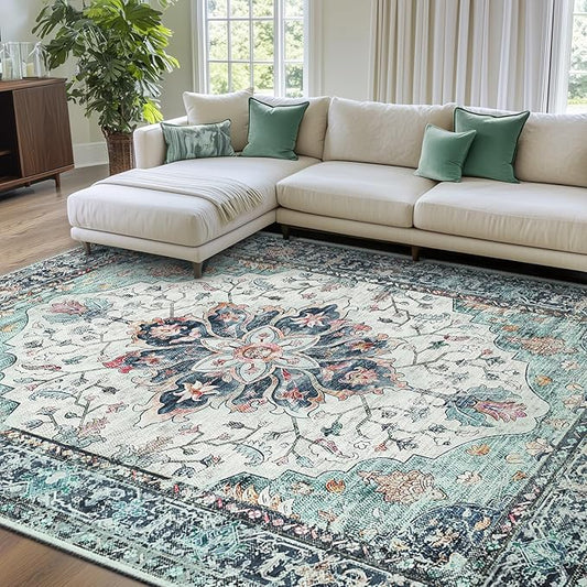 Area Rugs 8'x10' Washable Non-Slip, Floral Vintage Distress Print Pattern Medallion Carpet for Living Room Bedroom Dining Room, Green Navy Blue White Red Teal Colorful
