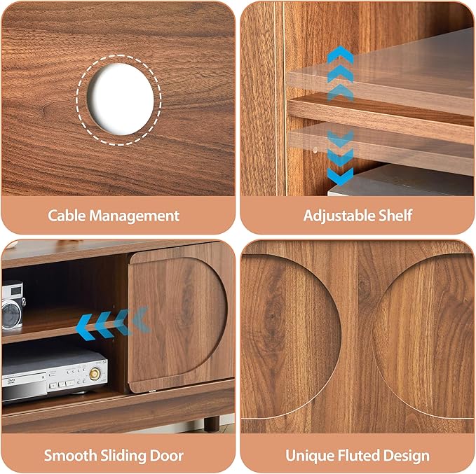 Mid-Century Wood TV Stand Cabinet for Television 55/60/65 Inch, 59" Long TV Console with Adjustable Storage Shelf and Arch Sliding Door, Media Center Cabinet for Living Room, Bedroom (Wanlnut)