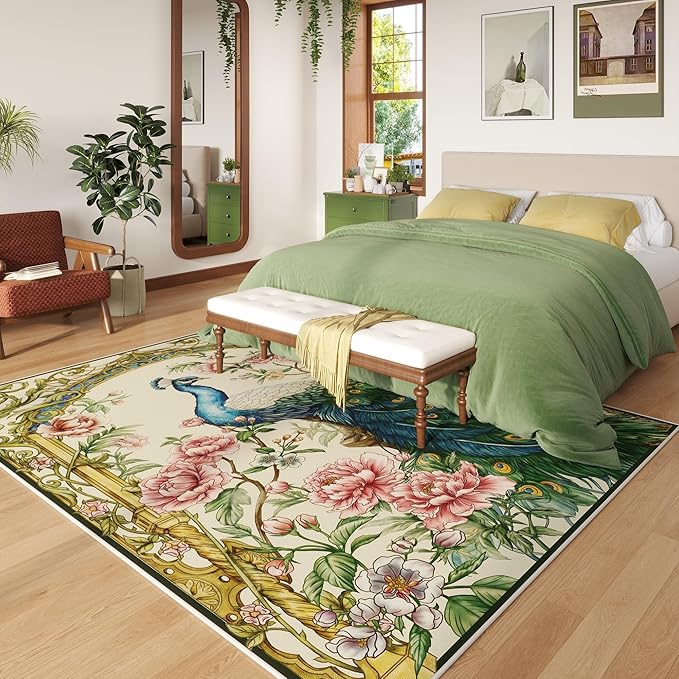 Area Rugs 8x10 Rug for Living Room Clearance Washable Floral Peacock Non Slip Vintage Low Pile Large Rug for Living Room, Bedroom, Farmhouse, Dining Room, Kids Playroom(Beige)