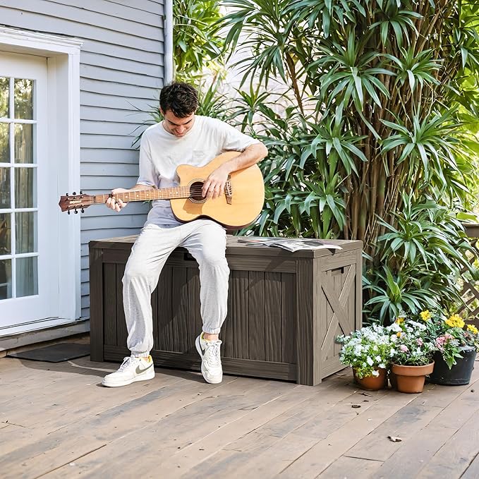 Greesum 120 Gallon Deck Box, Resin Outdoor Storage Container for Patio Furniture, Garden Tools, Pool Accessories, Weatherproof, Lockable, Coffee