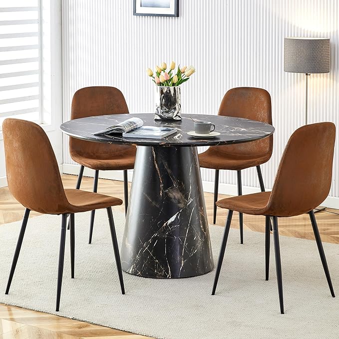 45 Inch Round Dining Table Set for 4, 5 Piece Kitchen Table and Chairs Set, Black Faux Marble Table Top, Small Space Dining Set for Apartment or Dining Room