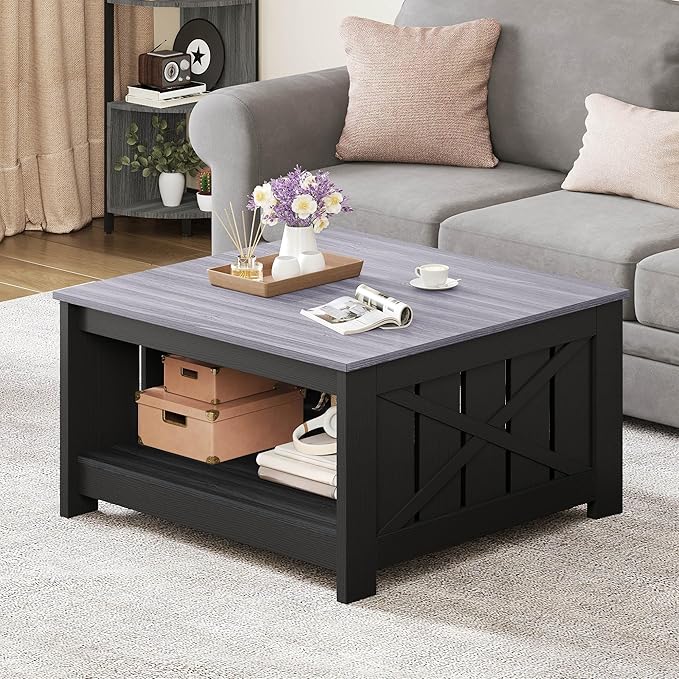 YITAHOME Farmhouse Coffee Table with Storage Rustic Wood Cocktail Table, Square Coffee Tables for Living Meeting Room with Half Open Storage Compartment, Grey and Black