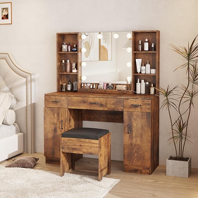 Makeup Vanity Desk with Lighted Mirror, 3 Lighting Colors, Large Vanity Set Makeup Table with 3 Drawers, 2 Cabinets and Multiple Shelves 45.2in(W)(Rustic Brown)