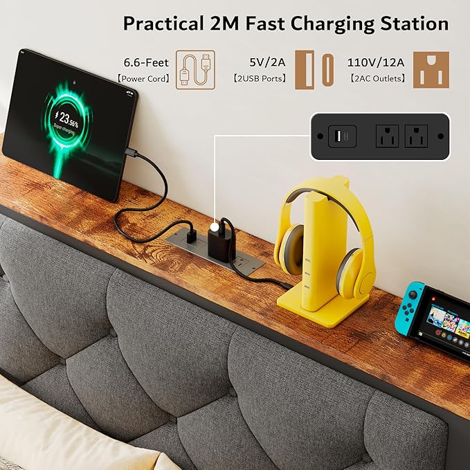 iPormis Twin Bed Frame with Storage Drawers, Linen Upholstered Headboard Platform Bed with Charging Station, No Box Spring Needed, Metal Slats Support, Noise-Free, Easy Assembly, Grey