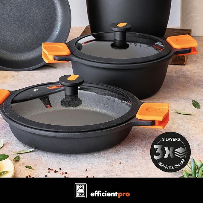 BRA COOKWARE Efficient Pro 12 Piece Cookware Set | Cast Aluminum Kitchenware Set | 2 Pots, 1 Sauté Pan, 3 Frying Pans, 1 Saucepan, 1 Grill, 4 Lids | Non-Stick | All Stovetops Compatible | PFOA Free