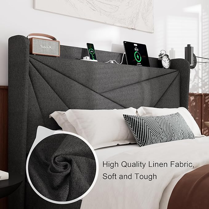 Feonase Full Bed Frame with Charging Station, Linen Upholstered Platform Bedframe with Wingback Headboard, Solid Wood Slats Support, Noise Free, No Box Spring Needed, Charcoal Grey