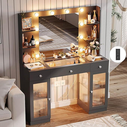 Makeup Vanity with Glass Top, Black Vanity Desk with Mirror and Lights, Big Vanity with Drawers & Cabinets for Bedroom, Cute Vanity with Crystal Knobs & Power Outlet for Women, Girls