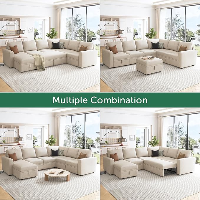 HONBAY Modular Sectional Sleeper Sofa with Pull Out Bed, U Shaped Sectional Couch with Storage Ottoman, Sleeper Sectional Couches for Living Room, Beige