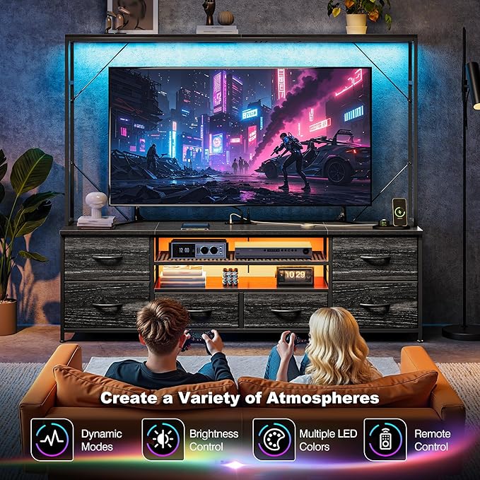 TV Stand for 55 60 inch TV, Large Wall Unit Entertainment Center with LED Lights & Power Outlets, TV Stands for Living Room, Closet, Entryway,13.8" D x 55" W x 61" H, Black