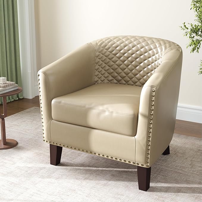 Accent Barrel Chair, Upholstered Faux Leather Club Chair with Nailed Trim, Comfy Reading Armchair for Living Room Bedroom Reception Room Office (Beige, Set of 2)