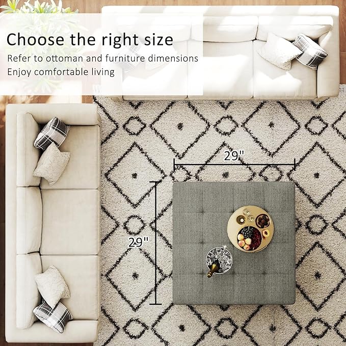 Large Square Ottoman Coffee Table, Linen Solid Upholstered Footrest Ottoman with Solid Wood Shelf Storage Tufted Coffee Table for Bedroom Living Room, Granite